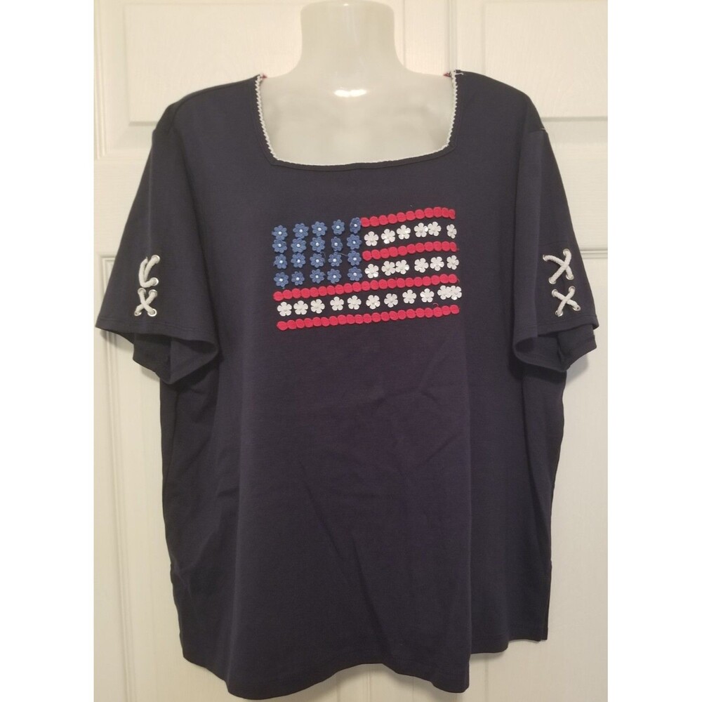 Alfred Dunner Top Flower & Bead Flag Design Nautical Sleeve Accent Navy Size XL